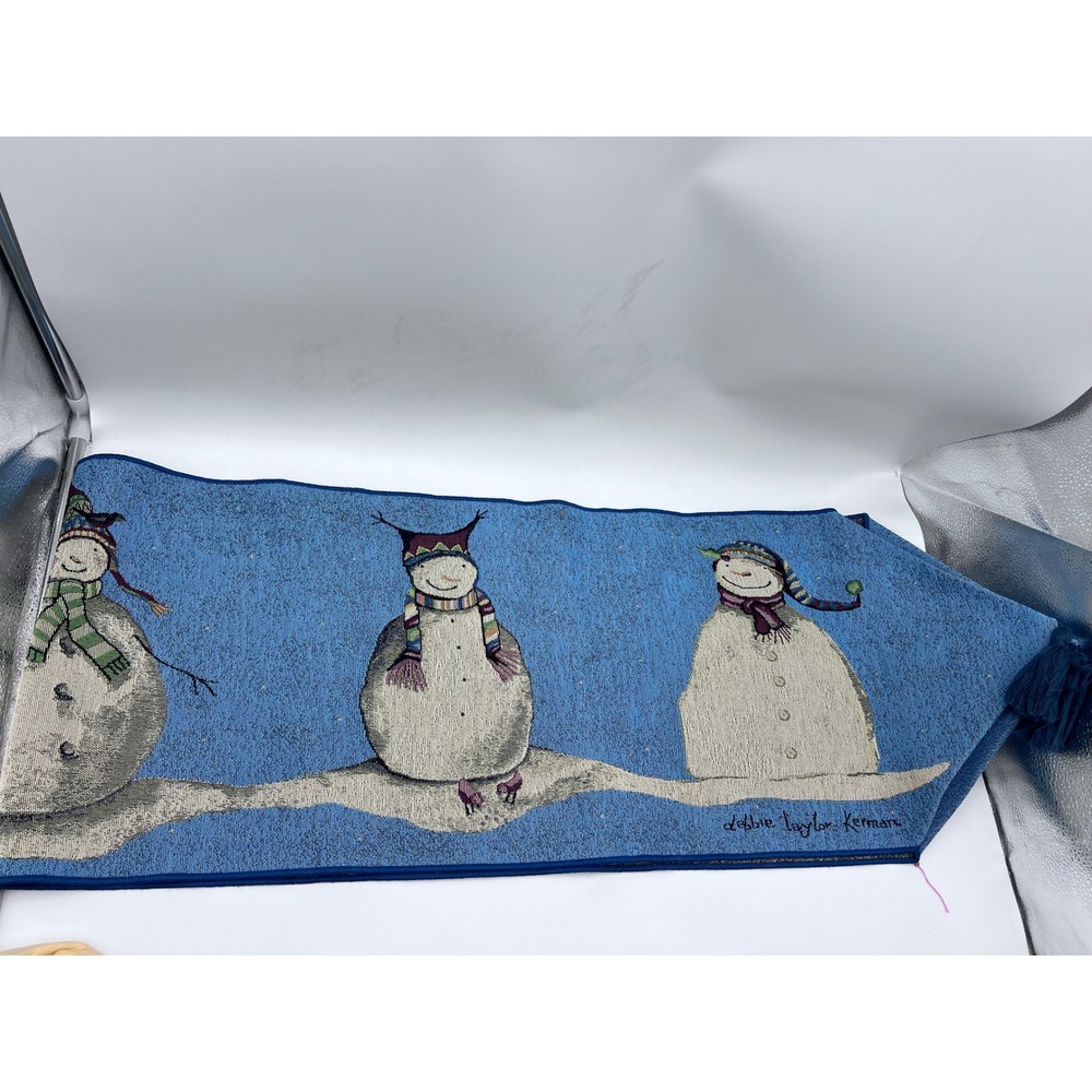 Debbie Taylor-Kerman Woven Tapestry Snowman Table Runner Blue Winter 70x13